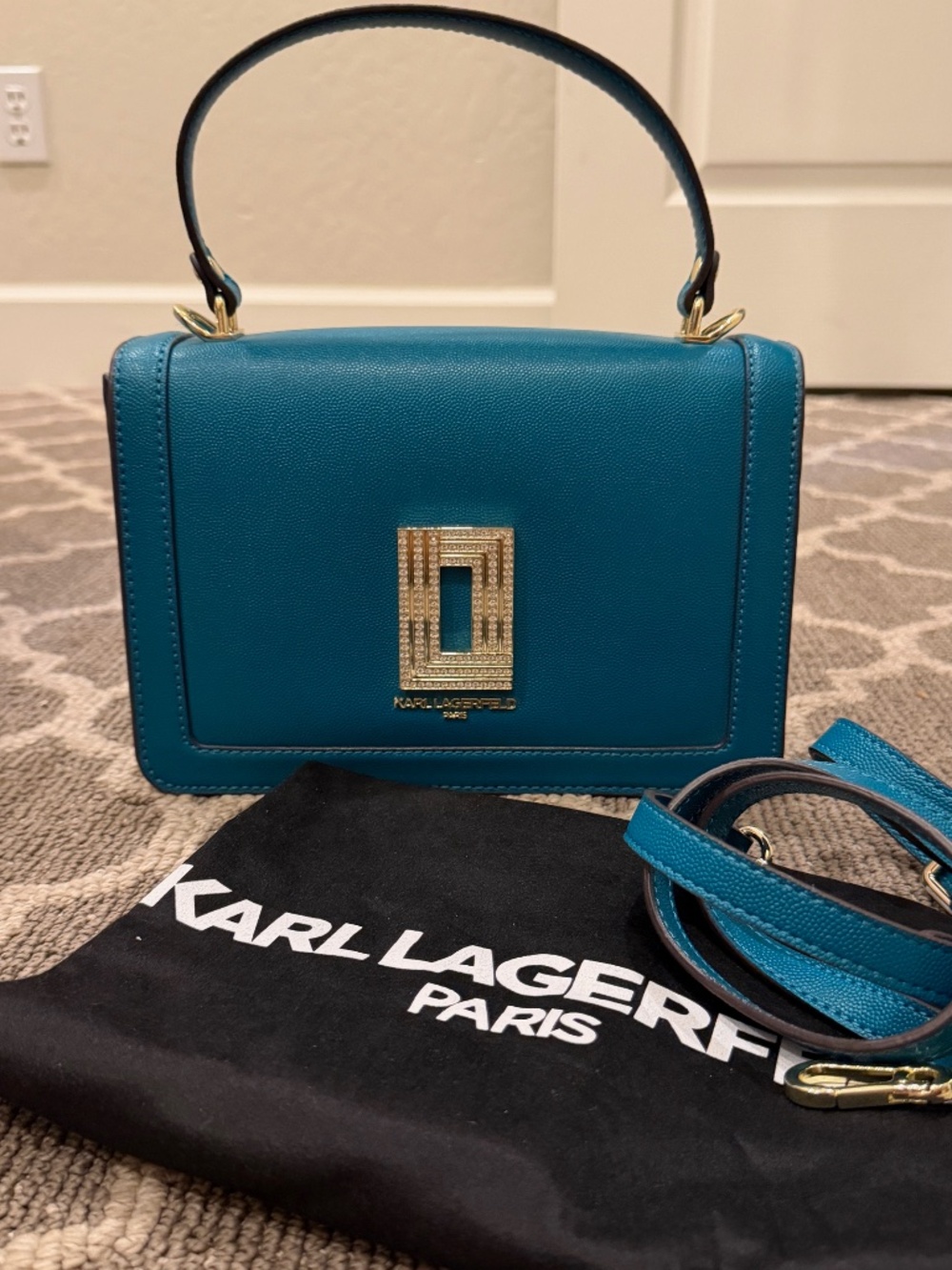 Karl Lagerfeld Paris Teal Bag with Removable Faux Fur - Picture 7 of 10